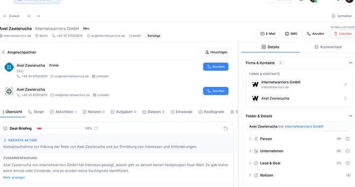 Lead-Detail mit Briefing im CRM