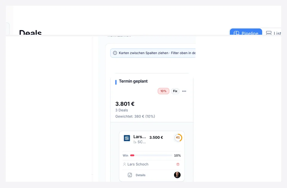 introscale CRM: Deals-Pipeline mit Stages und Karten in einem Workspace