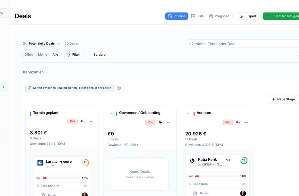 Deals Pipeline mit Karten in introscale CRM