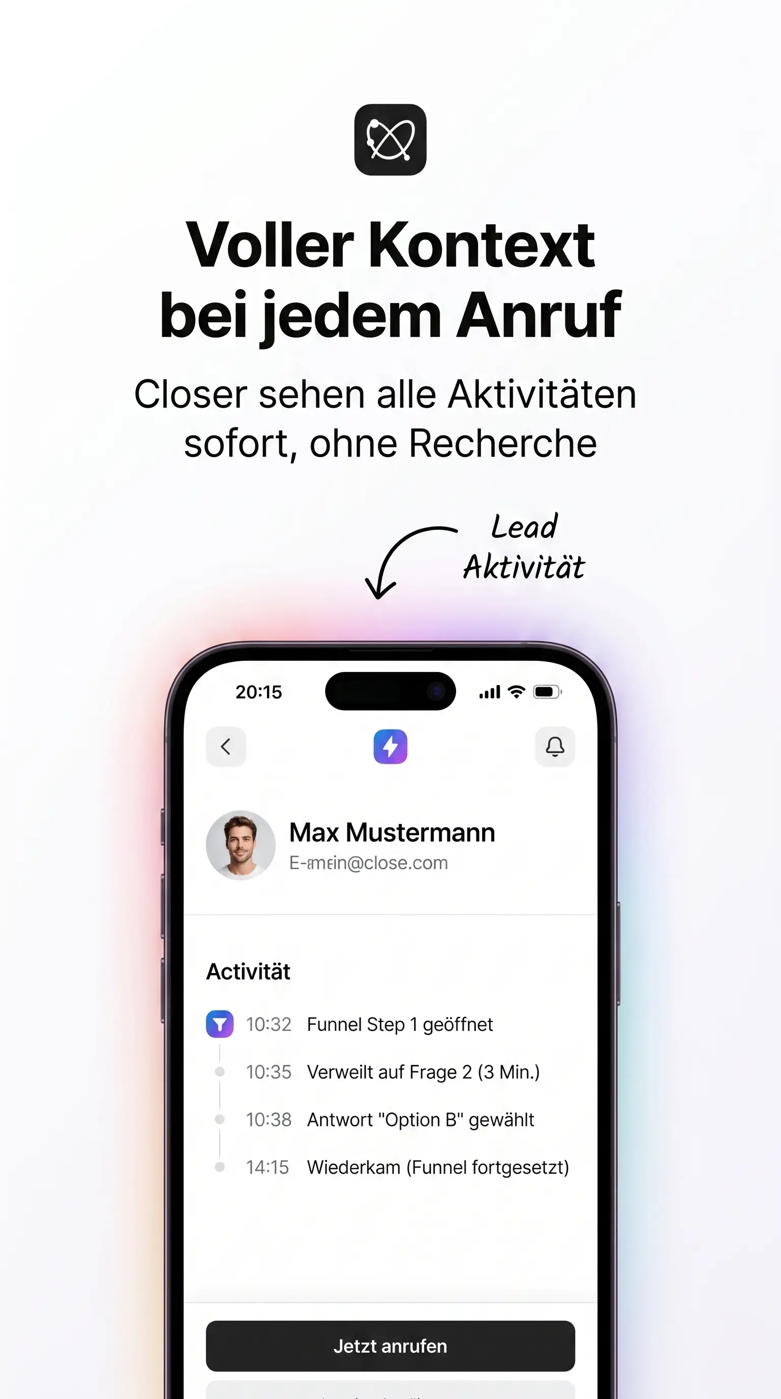 Infografik: Aktivitäten-Tracking pro Lead, Funnel-Schritte, Verweildauer und Antworten als Aktivitäten am CRM-Datensatz