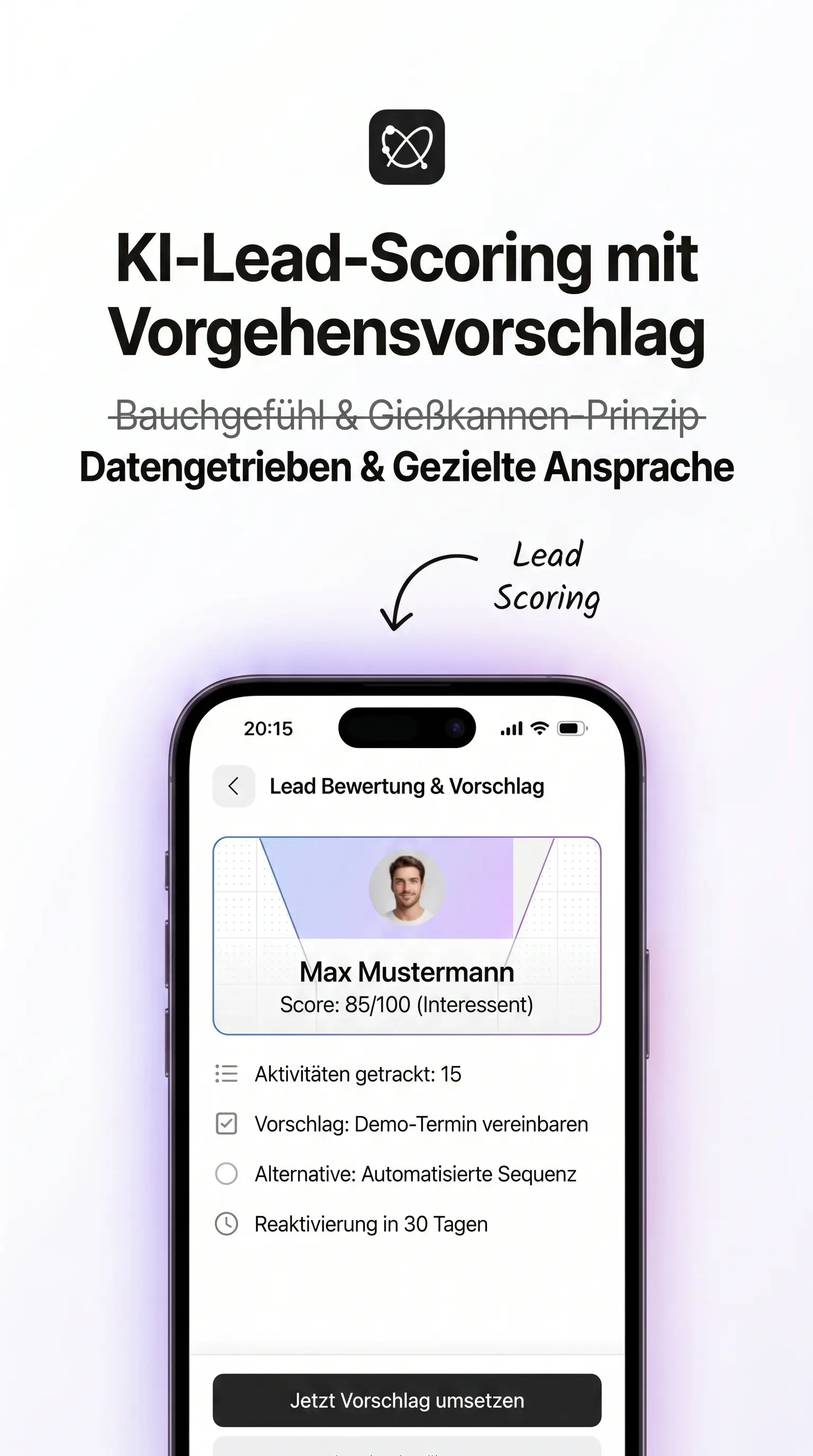 Infografik: KI-Lead-Scoring mit nächstem Vertriebsschritt, Bewertung nach Aktivitäten, Vorschlag Anruf, Sequenz oder Termin Infografik: KI-Lead-Scoring mit nächstem Vertriebsschritt, Bewertung nach Aktivitäten, Vorschlag Anruf, Sequenz oder Termin