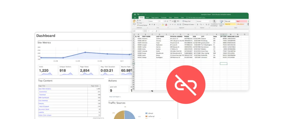 Dashboard und Tabellenkalkulation mit gebrochenem Verbindungssymbol: keine gemeinsame Datenbasis zwischen Export und CRM